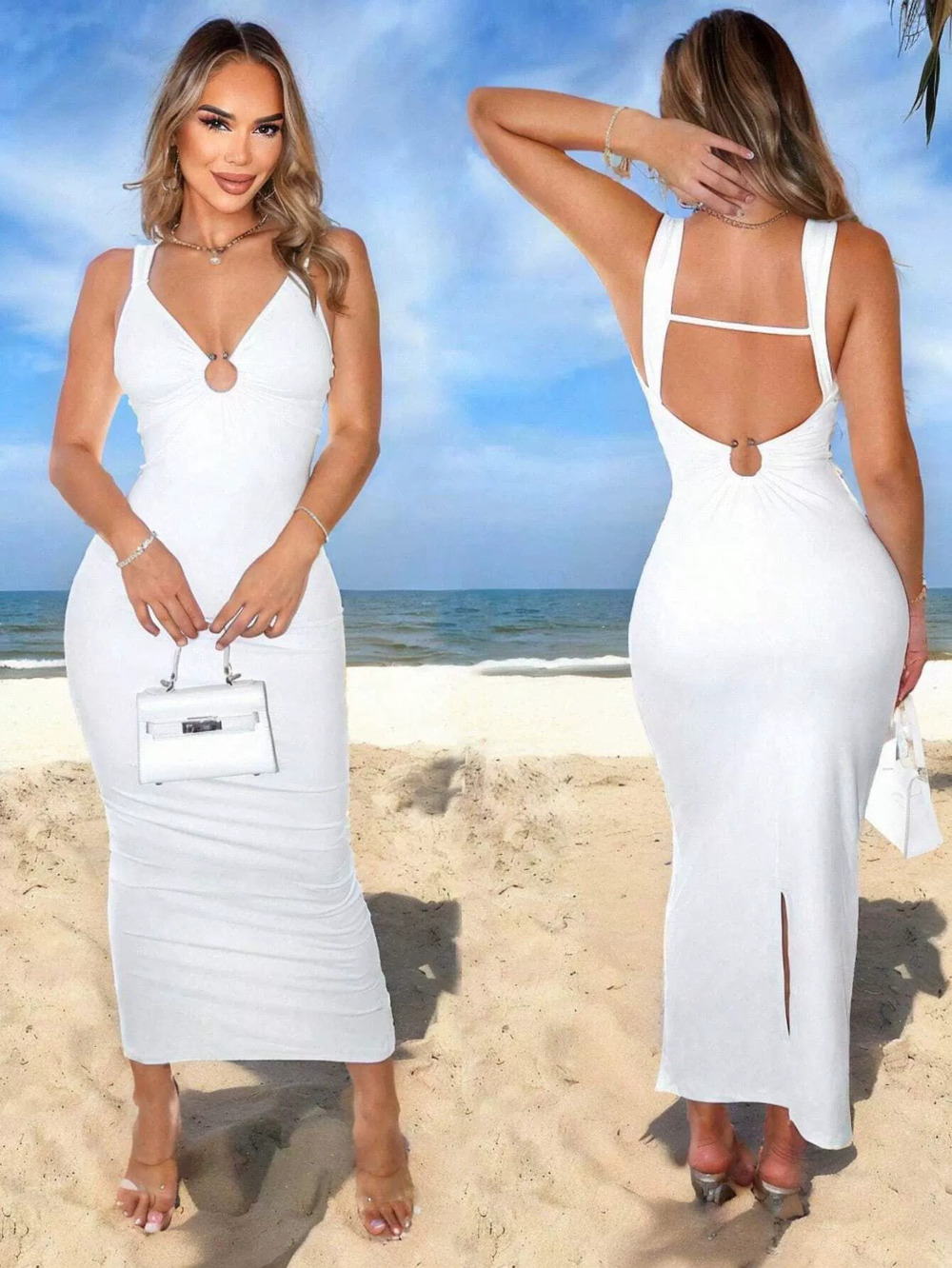 ZARA French Chic V-Neck Sexy Backless Elegant Beach Maxi Dress